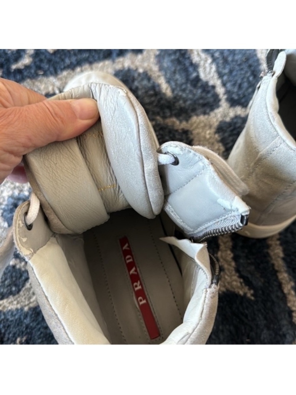 Prada Suede Leather High Top Sneakers Sz 6/36.5 Gray Logo Lace up Side Zipper - Picture 6 of 15